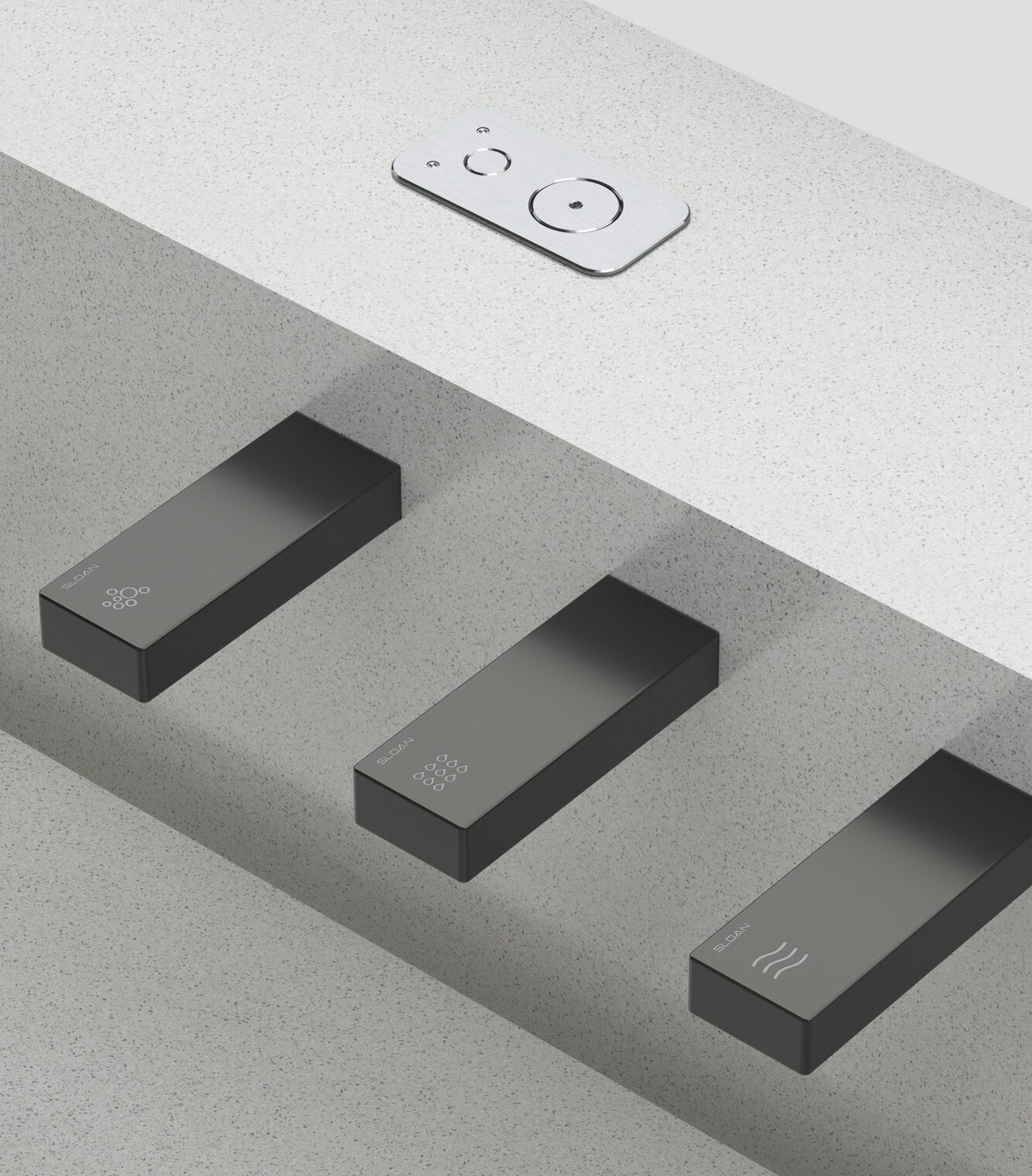 High-angle shot of sleek, matte black soap dispensers and faucets.