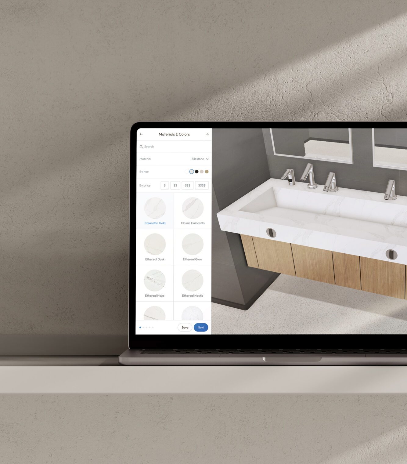 Laptop display showing the interactive Sloan Sink Configurator powered by Threekit.