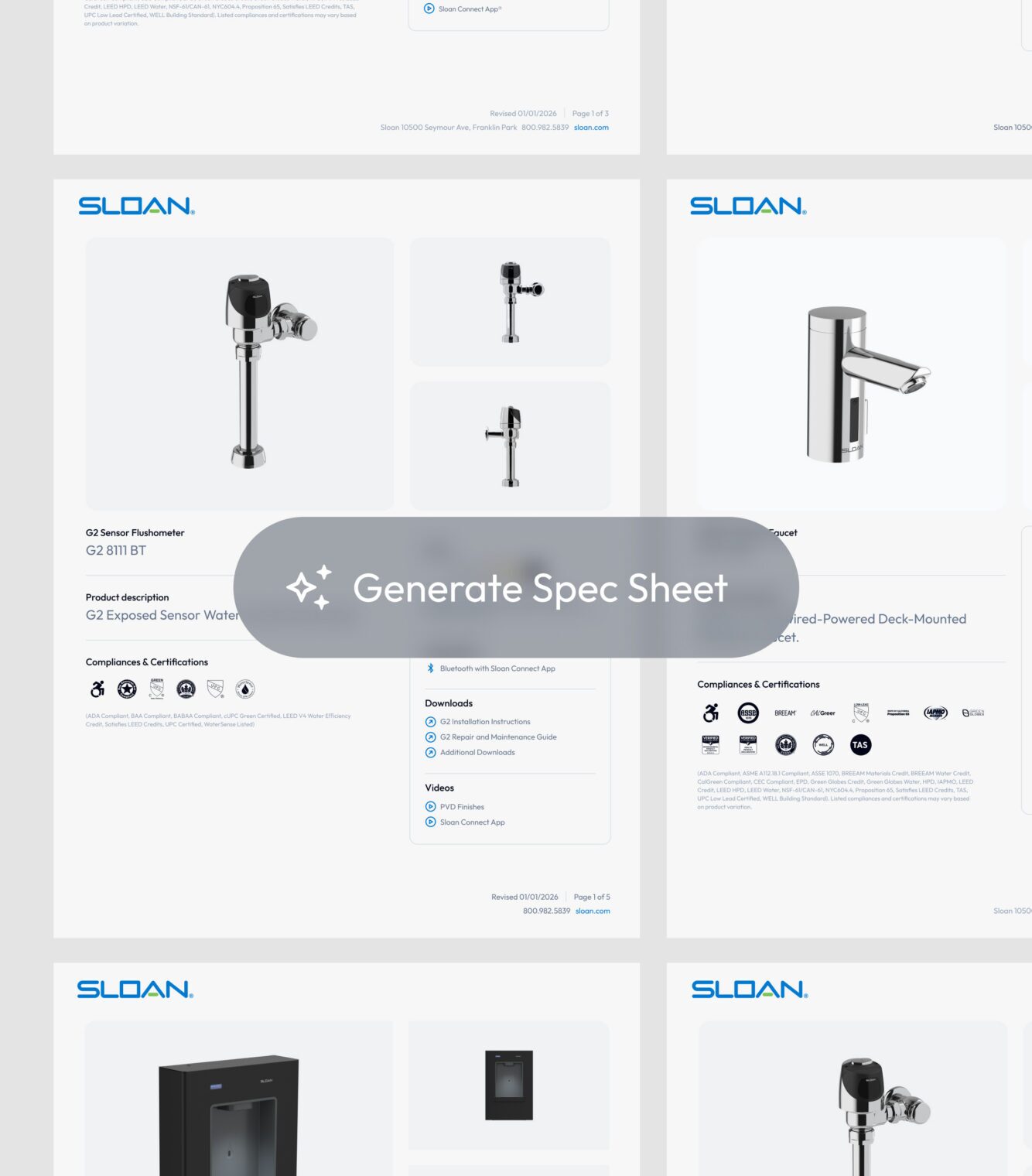 Real-time generated PDF specification sheets showcasing live product data integration.